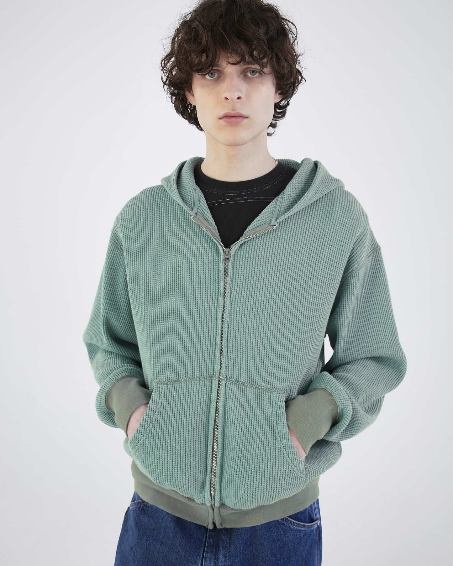 Waffle Full Zip Hoodie Dusty Teal
